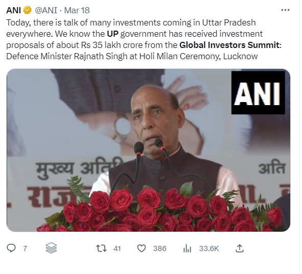 Okay here goes. The UP Global Investor Summit was organised bu the UP Govt in India between Feb 10 and 12, 2003. The President of the Union of India, no less, graced the occasion. #Rakshamantri Rajnath Singh talked about it.