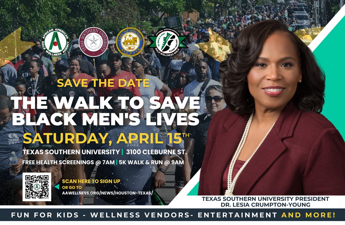 TexasSouthern's tweet photo. The inaugural African American Male Wellness Agency Houston 5k Walk to Save Black Men's Lives is just a few days away! Screenings start at 7. The walk is at 9. Come be part of what we know will be a life-changing and potentially life-saving event! #TSUProud #TexasSouthern #TSU https://t.co/2mVQoLFcWC