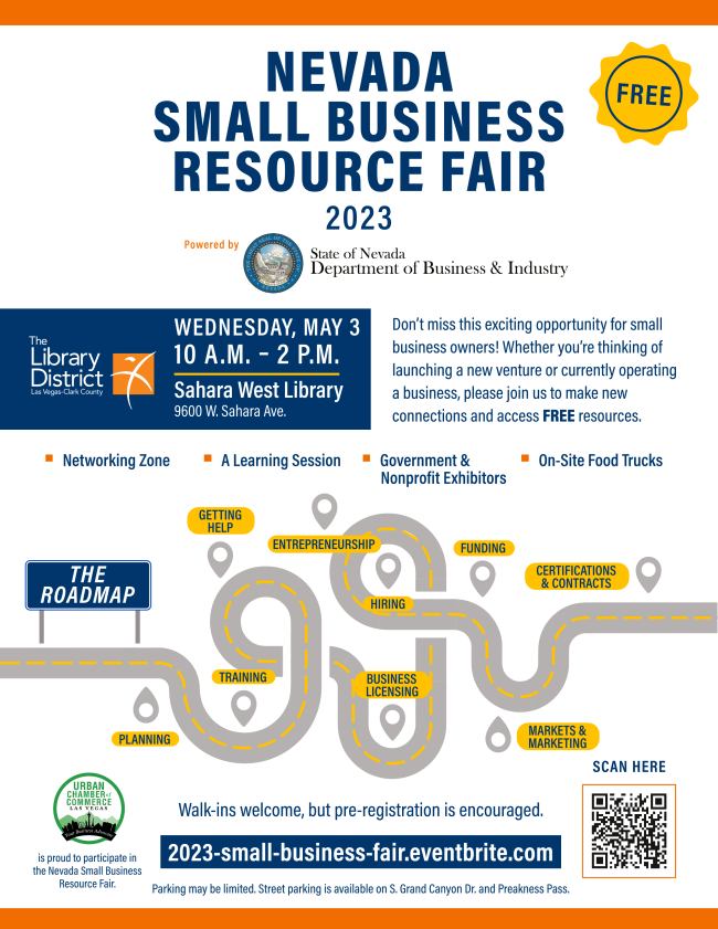 ⭐WHAT: <a href="/NevadaDBI/">Nevada Department of Business & Industry</a> 2023 Nevada Small Business Fair
⭐WHEN: Wednesday, May 3, 2023 - 10AM - 2PM PST
⭐WHERE: Sahara West Library - #LasVegas
⭐MORE INFO: ow.ly/lQjq50NGv7t