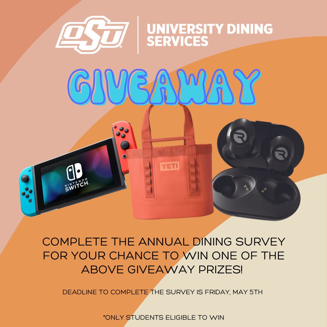 Fill out the annual University Dining Services survey linked below for a chance to win one of three great prizes! 
*winners will be contacted via email

🔗 okla.st/3GJMRXc

#okstate #gopokes