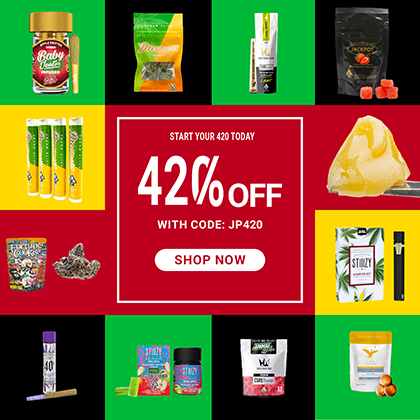 ShopJackpot's tweet photo. We’re celebrating early. Take 42% OFF any purchase with code: JP420 until 4/23. Shop now at https://t.co/e44odVAUma #cannabis #weed #weeddelivery #LosAngeles #yourwhat https://t.co/wgsDLhjGtM
