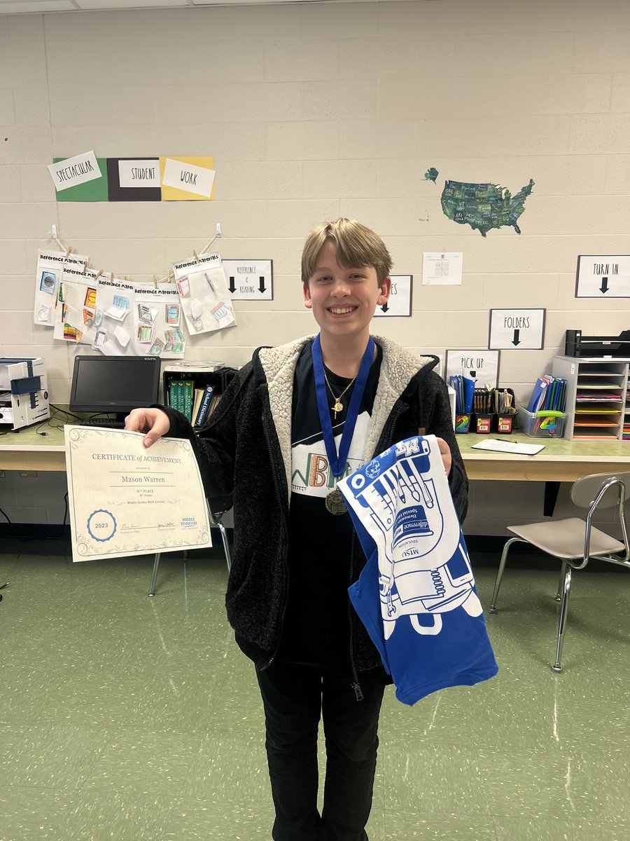 wbmsboro's tweet photo. We are so proud of our students who participated today in the MTSU Math Contest! Congratulations to Mason Warren for placing 6th, Katie Peters for 15th place and Brody Raymond for 18th place, and Ashley Lugo Chavez for designing the T-shirt which won 1st place! https://t.co/ZmeuZvGWmJ