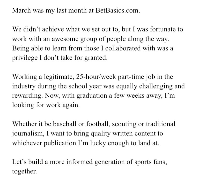 ALiccScouting's tweet photo. Some news.

I graduate in May with a Journalism degree from Rutgers University. I’m looking for full-time or part-time work covering sports at any level. 

I’ll include some of my favorite clips below. Don’t hesitate to reach out at anthony.licciardi01@gmail.com or Twitter DM. https://t.co/tD21oVgMaD