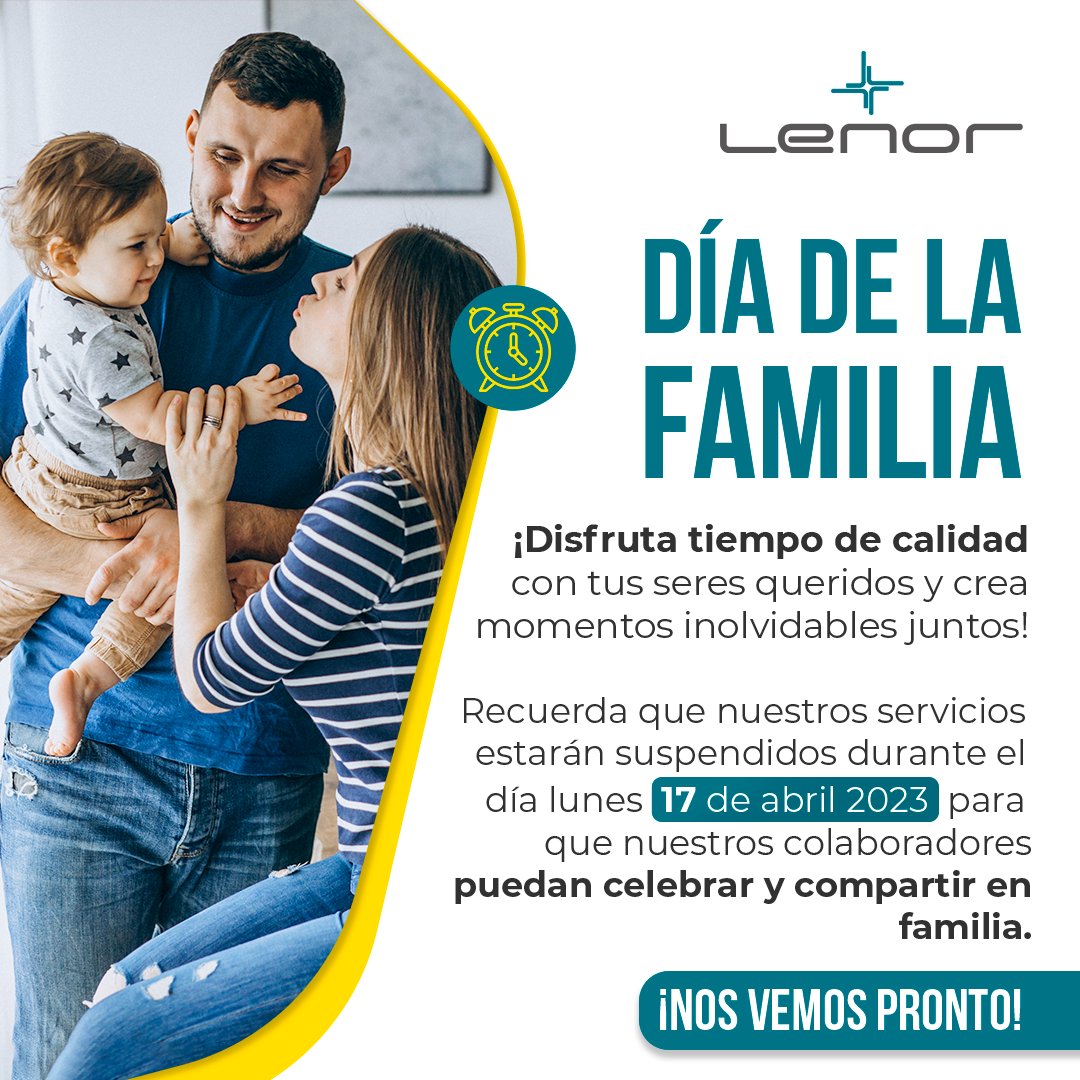 La familia es uno de los tesoros más valiosos que tenemos en la vida. Les recordamos que no habrá servicio durante el día lunes 17 de abril para que puedan disfrutar de su compañía sin distracciones.   ¡Feliz Día de la Familia!  co.lenorgroup.com