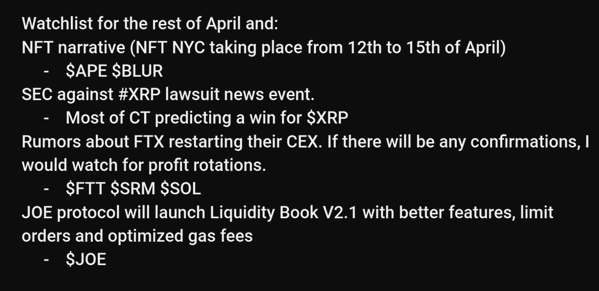 Key events for the rest of April include:
$APE $BLUR $JOE $FTT $XRP $SRM $SOL