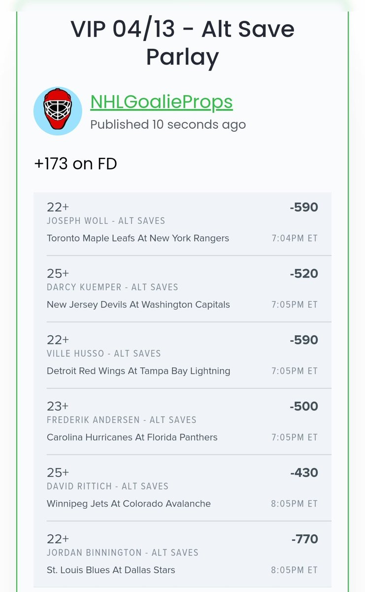 NHLGoalieProps's tweet image. 🥅ALT SAVE PARLAY🥅

@CannoliCrop11 and @NHLGoalieProps are running it back for #GamblingTwitter again tonight with another alt save parlay!

+173 on @FDSportsbook

#PlayerProps #AltLines #sportsbet #collab #freebet #prizepicks #DraftKings #FanDuel #barstoolsportsbook #NHL