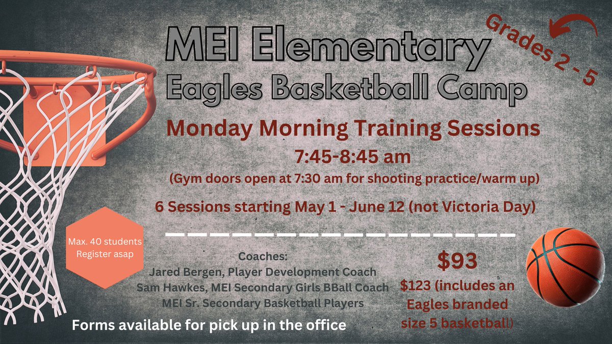 Do you have a student in grades 2-5 that loves basketball? Register them for one of the 40 spots in the MEI Elementary EAGLES BASKETBALL CAMP that begins on May 1. Registration forms are available at the MEI Elementary office.