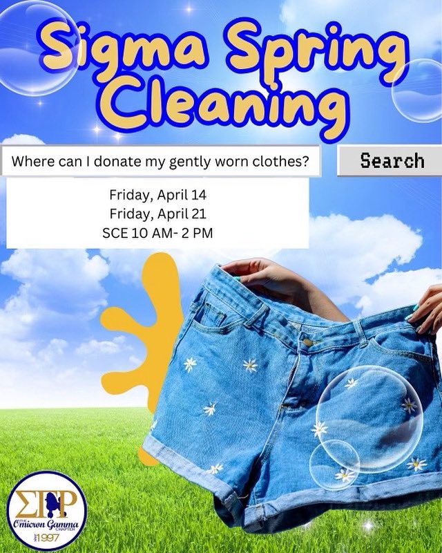 Ogsgrho's tweet photo. Sigma Spring Cleaning is here 🌻💙

It’s time to go through your closet and donate those gently worn clothes that you barely wear! 

Friday, April 14th &amp; Friday, April 21st
Student Center East 
10 AM - 2 PM

All items will be donated to a local shelter. 
💙💛🐩 

#sgrho
#1922 https://t.co/apjMQgbrTA