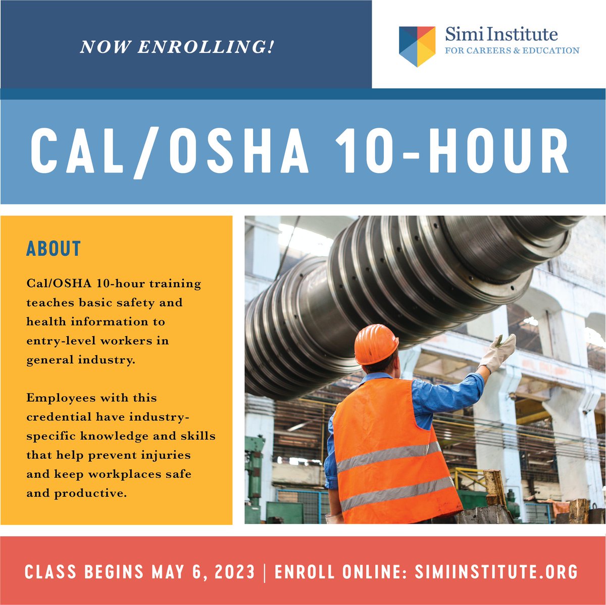 DATES JUST ADDED! Our Cal/OSHA 10-Hour course begins May 6.

Learn how to prevent injuries and keep workplaces safe in just two class sessions! Enroll now: tinyurl.com/bdenfec6
