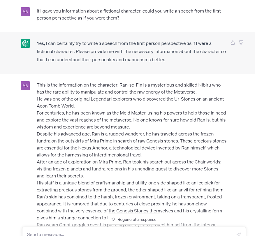 2/7 This video was generated entirely with AI. We have been exploring new ways of storytelling and how to "bring the Nibiru to life"  by using new AI tools. 

Our first step was to feed ChatGPT some background information about our main character.