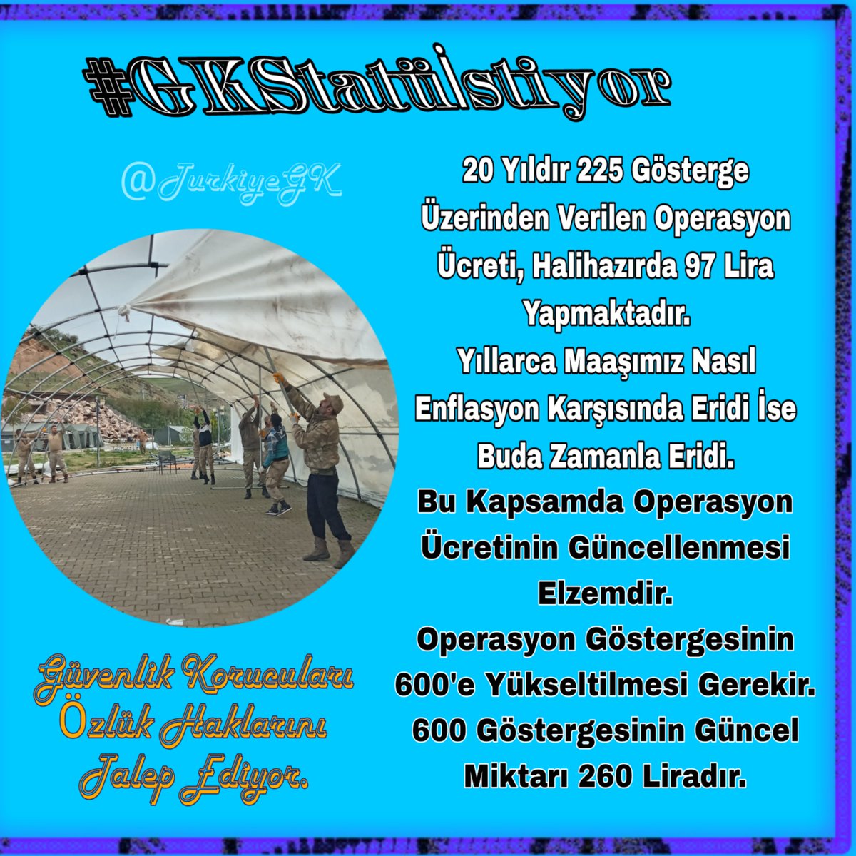 #gkstatüistiyor 
20 Yıldır 225 Gösterge Üzerinden Verilen Operasyon Ücreti, Halihazırda 97 Lira Yapmaktadır. Yıllarca Maaşımız Nasıl Enflasyon Karşısında Eridi İse Buda Zamanla Eridi.
Bu Kapsamda Operasyon Ücretinin Güncellenmesi Elzemdir.
<a href="/TC_icisleri/">T.C. İçişleri Bakanlığı</a> 
<a href="/jandarma/">T.C. Jandarma Gn. K</a> 
<a href="/eyupozdemir42/">Eyüp ÖZDEMİR</a>