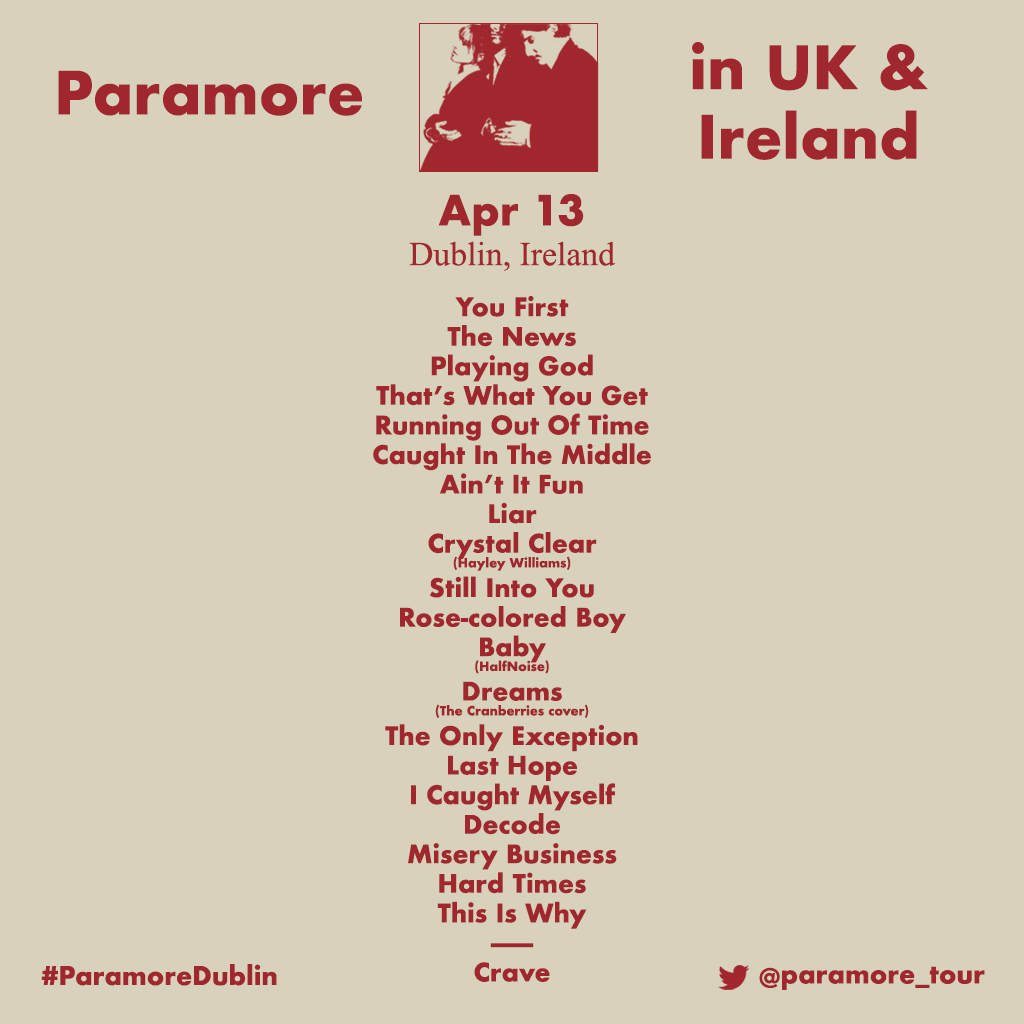 Paramore Tour Updates on Twitter "OK, updated Dublin setlist artwork