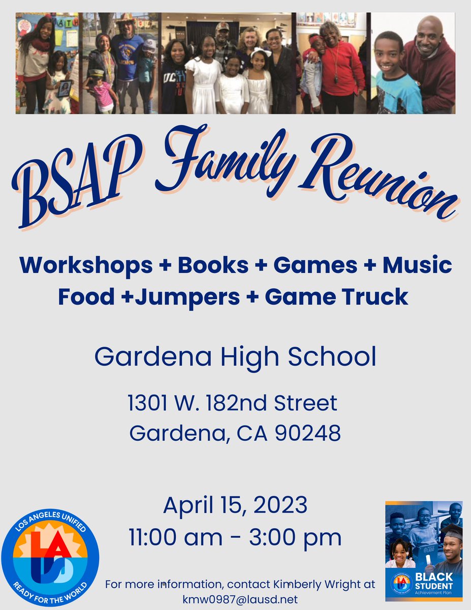 LAUSD families and caregivers, BSAP is hosting an interactive and informative event Saturday, 4/15, at Gardena High School from 11 am-3 pm. Register at caaasa.org.  #LAUSD #Parents #Caregivers #Students #BlackStudentAchievement