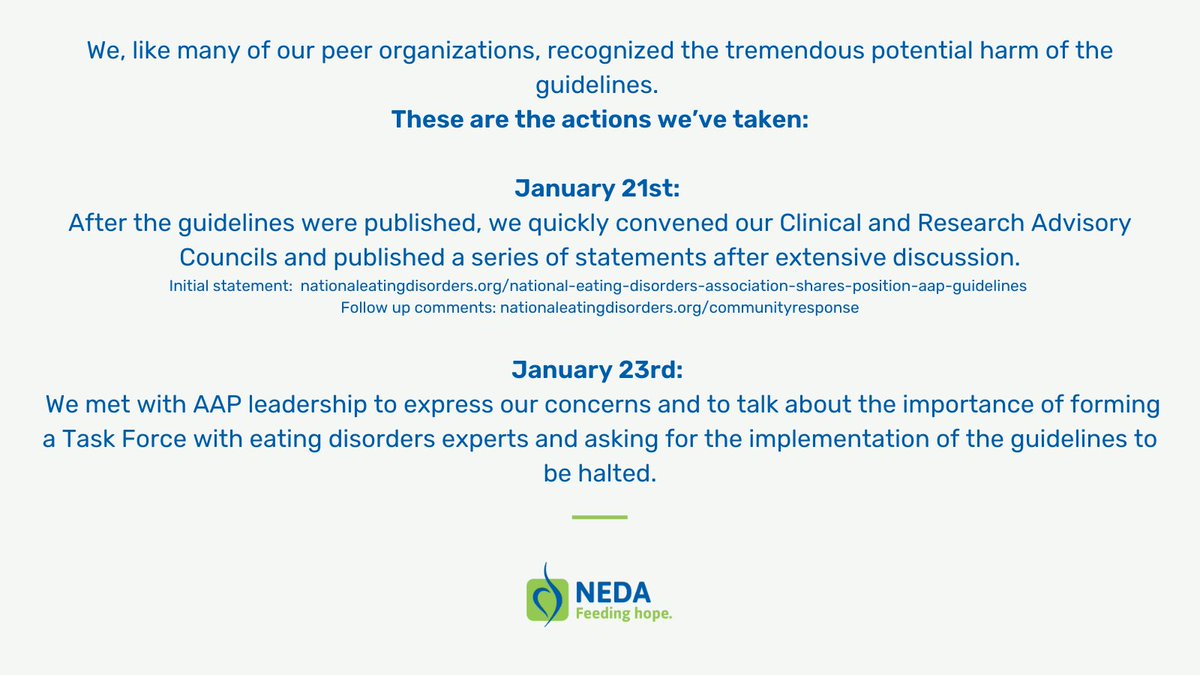 NEDAstaff's tweet image. Visit nationaleatingdisorders.org/social-media-s… to view our statement. 

#AAPGuidelines #NEDA #eatingdisorders