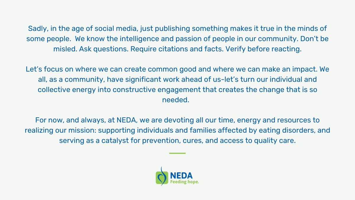 NEDAstaff's tweet image. Visit nationaleatingdisorders.org/social-media-s… to view our statement. 

#AAPGuidelines #NEDA #eatingdisorders
