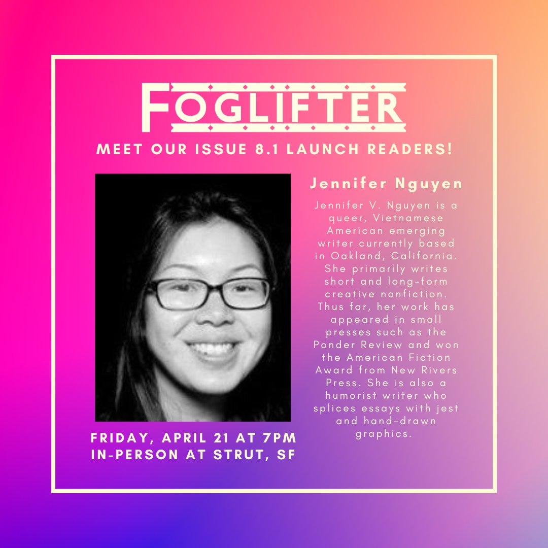 Meet @jtvnguyen! 

Jennifer V. Nguyen is a queer, Vietnamese American emerging writer currently based in Oakland, California. Thus far, her work has appeared in small presses such as the <a href="/PonderReview/">Ponder Review</a> and won the American Fiction Award from <a href="/NewRiversPress/">New Rivers Press</a>. 

Read more below!