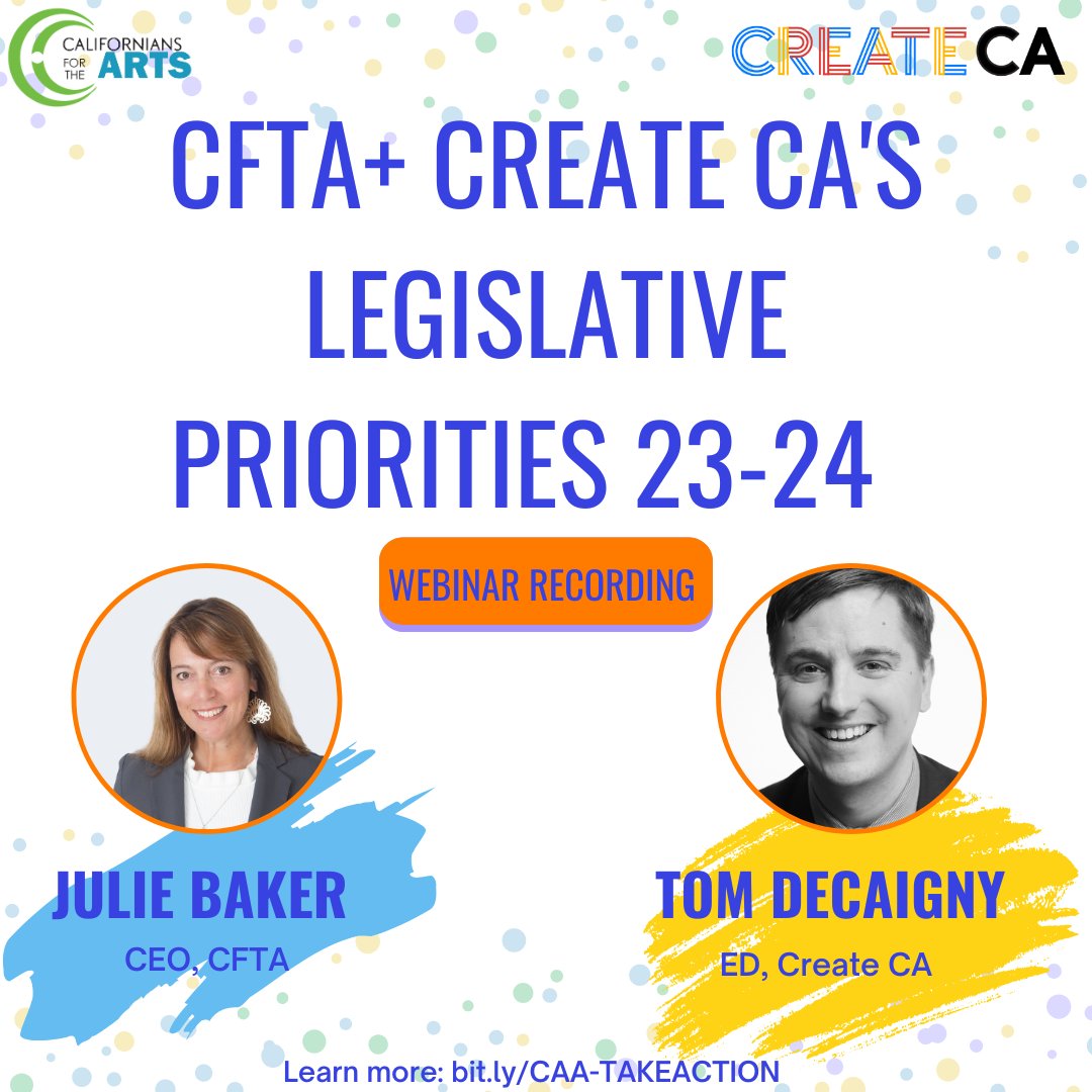 CAfortheArts's tweet photo. Watch Julie Baker (CEO, @caforthearts) & Tom DeCaigny (Executive Director, @Create_CA) introduce & breakdown the 23-24 budget & legislative priorities for Art & Culture.
🔗Visit our YouTube channel to watch: https://t.co/aWJsaBE9B1 #ARTinALL #smARTinvestment https://t.co/BPS25hB8iR