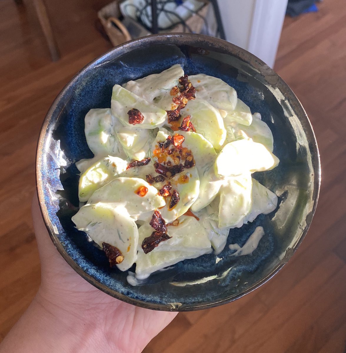 regularbrat777's tweet photo. Cucumber in yogurt w/ dill, garlic, lemon juice, cumin, black peppy …. Chili crisp on top https://t.co/hHryiJnBvC