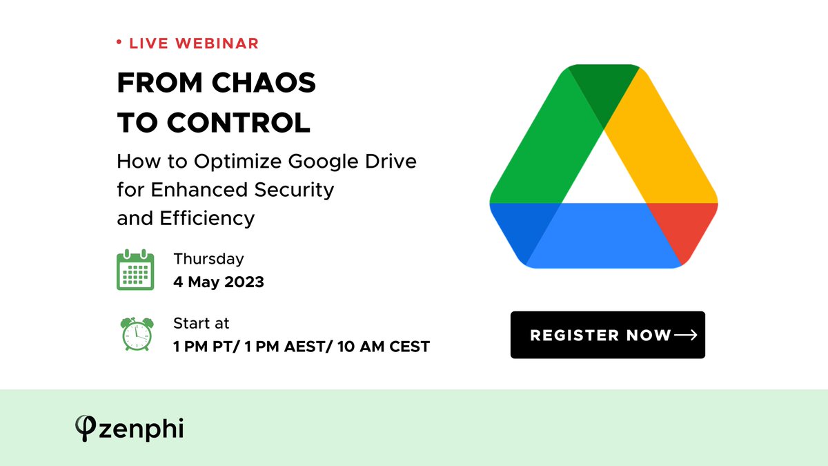 zenphi_co's tweet image. [WEBINAR] Struggling to consistently keep your team&apos;s files organized, compliant and secure on Google Drive? Join us to learn how to tackle these challenges head-on.  👉 zenphi.com/webinar-automa…

#nocode #googledrive #googleworkspacetips #googleworkspace #processautomation