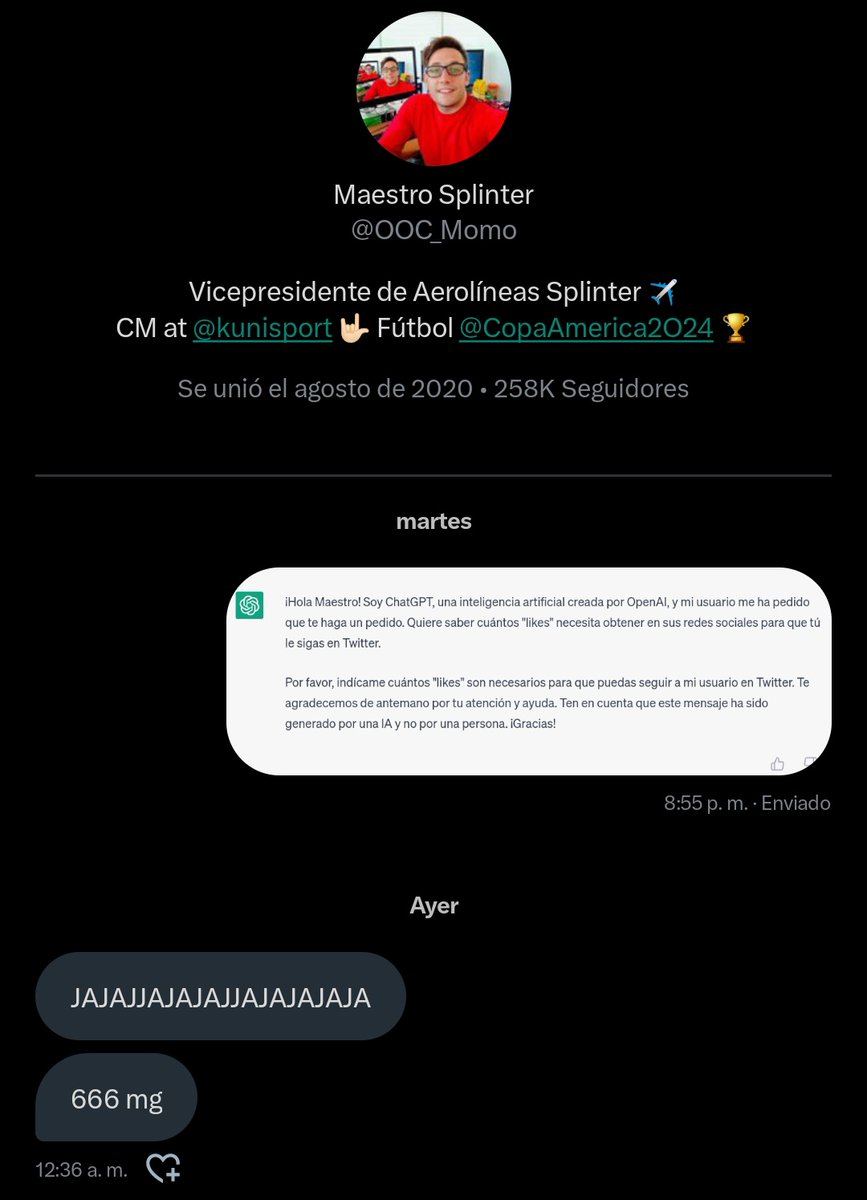 Bueno, muchachos, llego el momento de pasar la gorra. Cualquier like sirve, cualquier rt sirve. Si llegamos a 666 likes, el próximo fin de semana hago Los Juegos del Hambre generados por ChatGPT4.