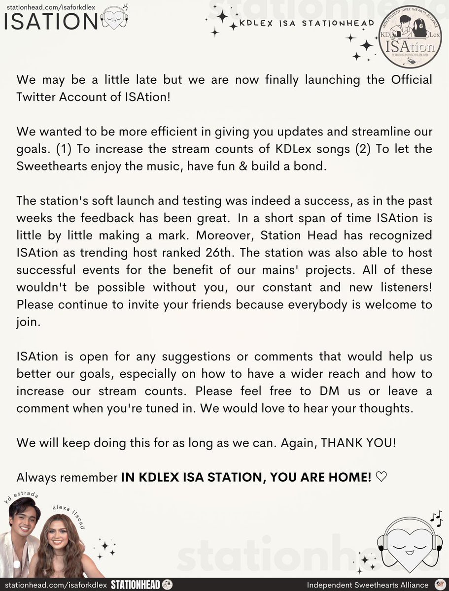 We may be a little late but we are now finally launching the Official Twitter Account of ISAtion!

We are part of the @OneForKDLex_ (ISA) Family 
and we are delighted to stream with you.

Come, join us at stationhead.live/isaforkdlex.

In KDLEX ISA STATION, You Are Home 🏠🎧🤍

#KDLex