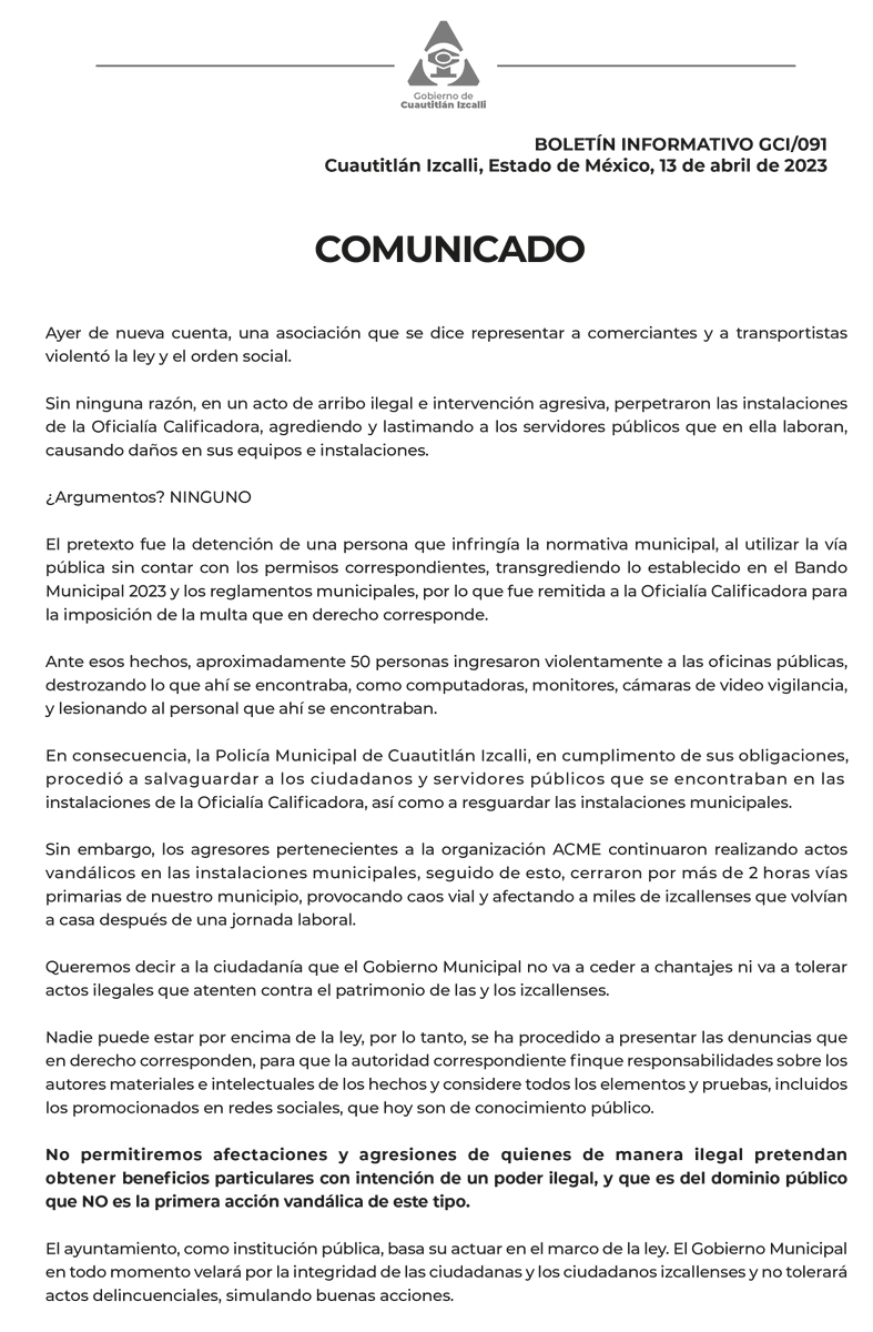 GobIzcalli's tweet photo. #AvisoImportante

Derivado de los incidentes que se presentaron la noche de ayer en nuestro municipio, te informamos lo siguiente. https://t.co/PHxk7XKjs5