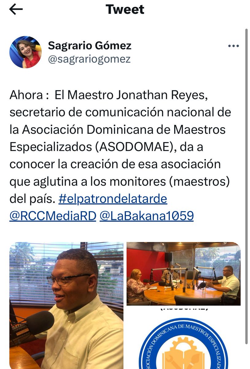 asodomae's tweet photo. @sagrariogomez @RCCMediaRD gracias por la oportunidad 😊
#Dios1ero https://t.co/FOqfOU6GJE