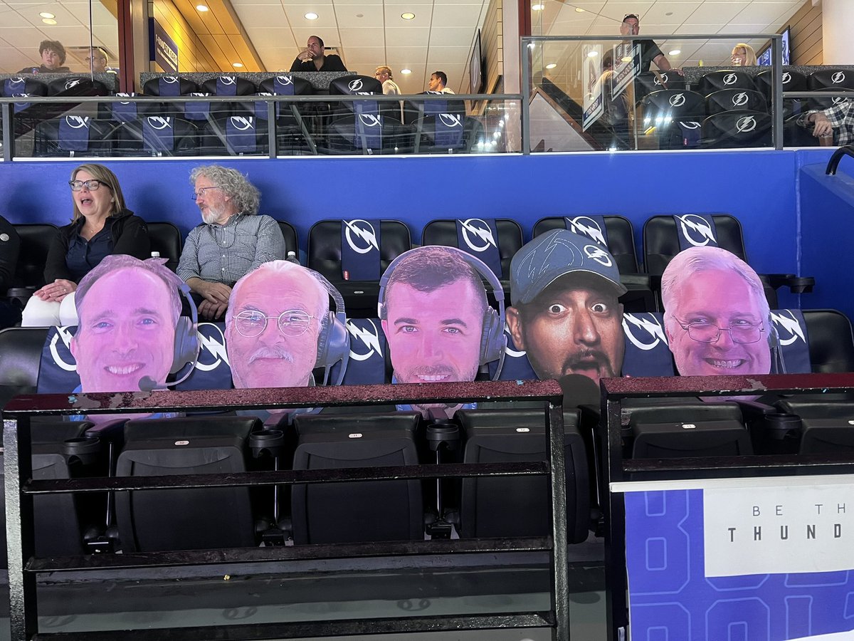 GregWolfTBL's tweet photo. We have the best fans in the @NHL! The @TBLightning #LightningVision Game Day Production Crew with our own Big Heads! 🤣🤣🤣 @prosportsdjs @phteven02 #FanAppreciationNight #GoBolts @BoltsByTheBay https://t.co/SVB31bfVCT