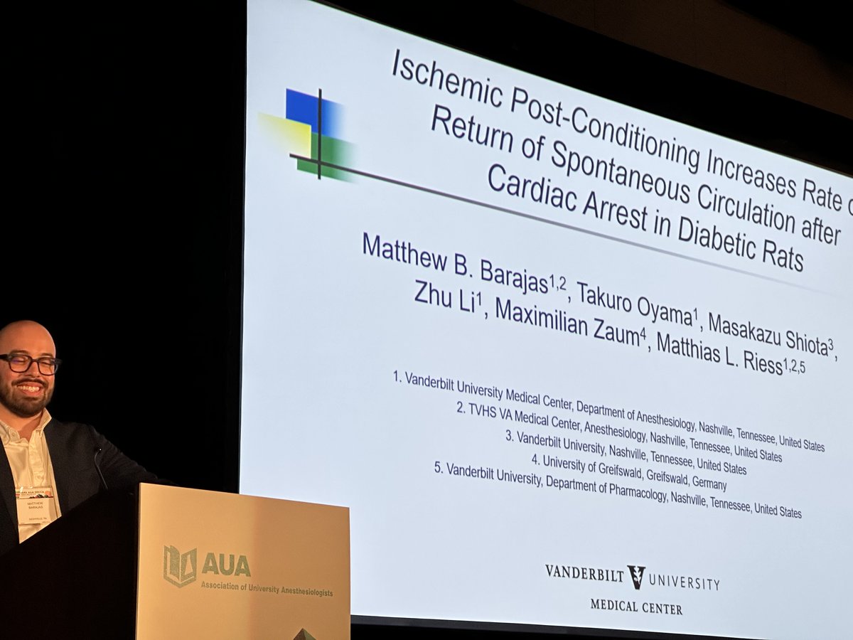 Matthew Barajas & Matthias Riess (@riessbarajaslab) on Twitter photo Congratulations to Matthew Barajas MD from <a href="/VUMC_Anes/">VUMC Anesthesiology</a> for the 2023 Junior Faculty Research Award for Laboratory Science at #AUAANES23 for his study “Ischemic Post-Conditioning Increases Rate of Return of Spontaneous Circulation after #CardiacArrest in Diabetic Rats” @Dyannopoulos Congratulations to Matthew Barajas MD from <a href="/VUMC_Anes/">VUMC Anesthesiology</a> for the 2023 Junior Faculty Research Award for Laboratory Science at #AUAANES23 for his study “Ischemic Post-Conditioning Increases Rate of Return of Spontaneous Circulation after #CardiacArrest in Diabetic Rats” @Dyannopoulos