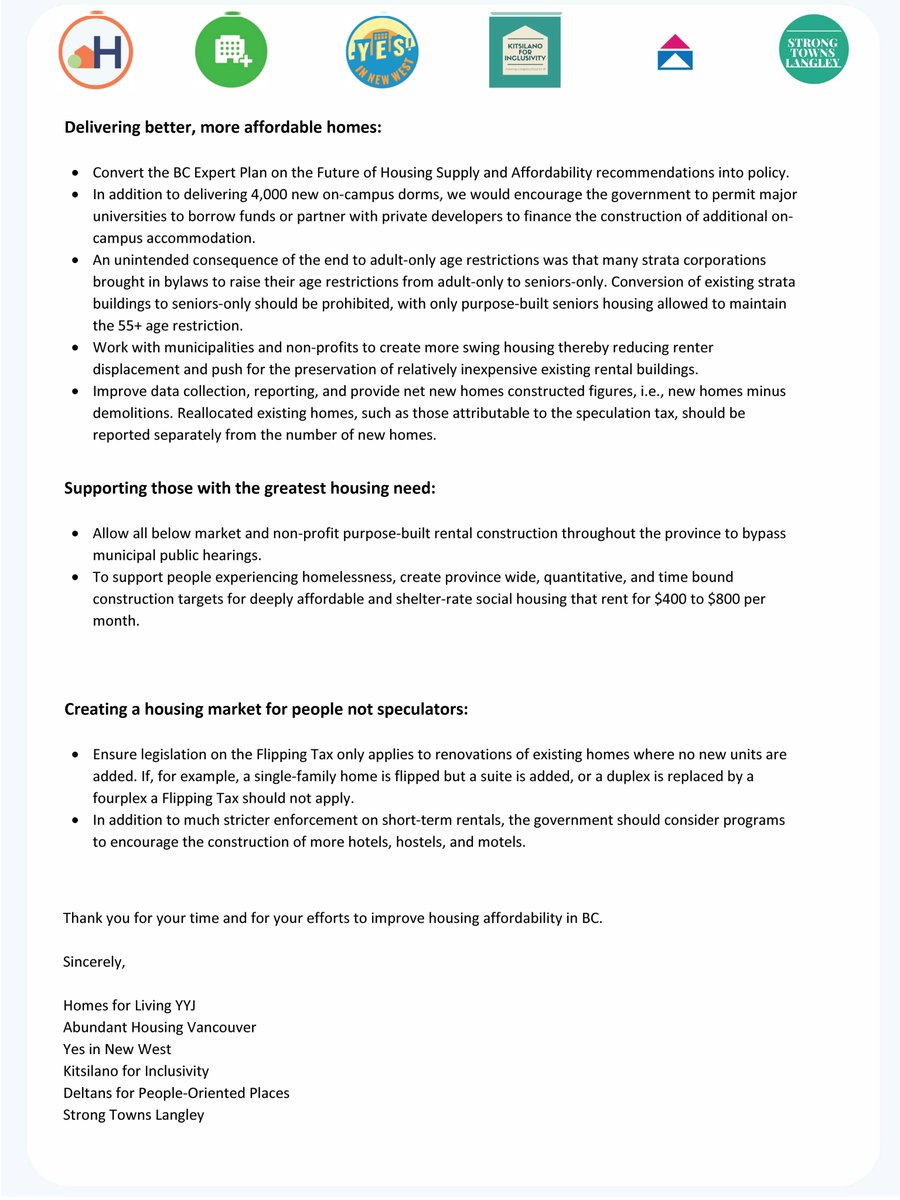 We along with <a href="/ahvancouver/">Abundant Housing Vancouver</a>, <a href="/KitsInclusivity/">Kitsilano for Inclusivity</a>, <a href="/Official_DelPOP/">Deltans for People Oriented Places (Del-POP)</a>, <a href="/YesInNewWest/">Yes In New West!</a>, and @strongtownslang penned the following letter to the province in response to the #HomesforPeoplePlan. We are excited to see this much-needed legislation rolled out across BC. <a href="/Dave_Eby/">David Eby</a> <a href="/KahlonRav/">Ravi Kahlon</a> 👏