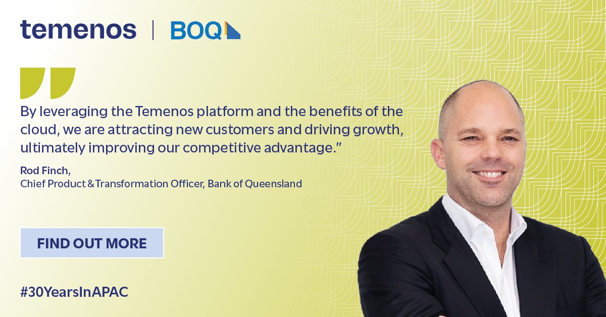 Temenos's tweet photo. In celebration of 30 years in #APAC, we want to showcase #innovation journeys like @BOQ!
Live with Temenos #BankingCloud, BOQ now has the agility of a neobank and scalability of an established institution.
Learn about our APAC customers: https://t.co/Ji4bzkhrXw
#30YearsinAPAC https://t.co/YSKEHXBtbM