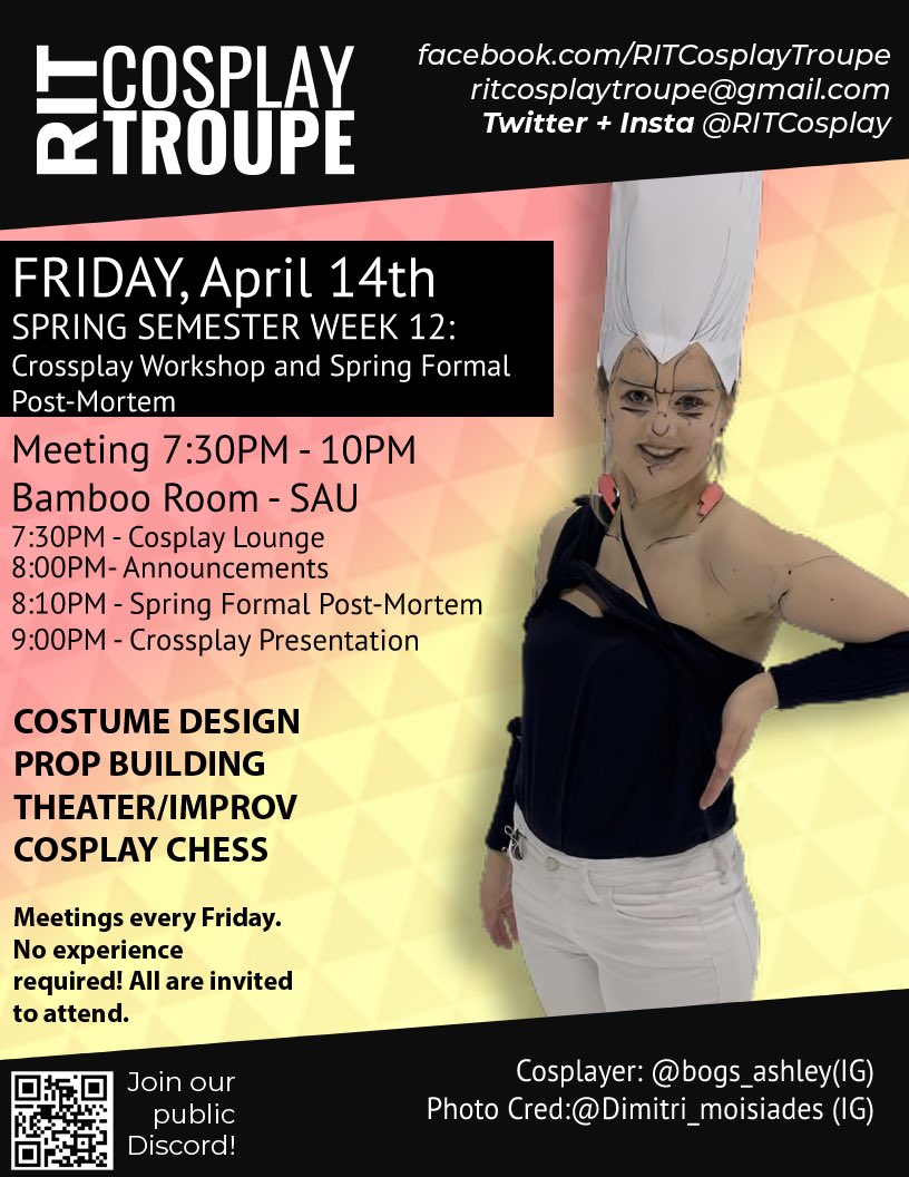 RITCosplay's tweet photo. Hello everyone, how has this week been treating you? For this week we will be doing a quick Spring Formal post mortem! Tell us what you enjoyed and what you think we can improve on. Afterwards our lovely alumni Anna will be showing us the ropes of crossplay!

Hope to see you! https://t.co/tZdtwnJX4a