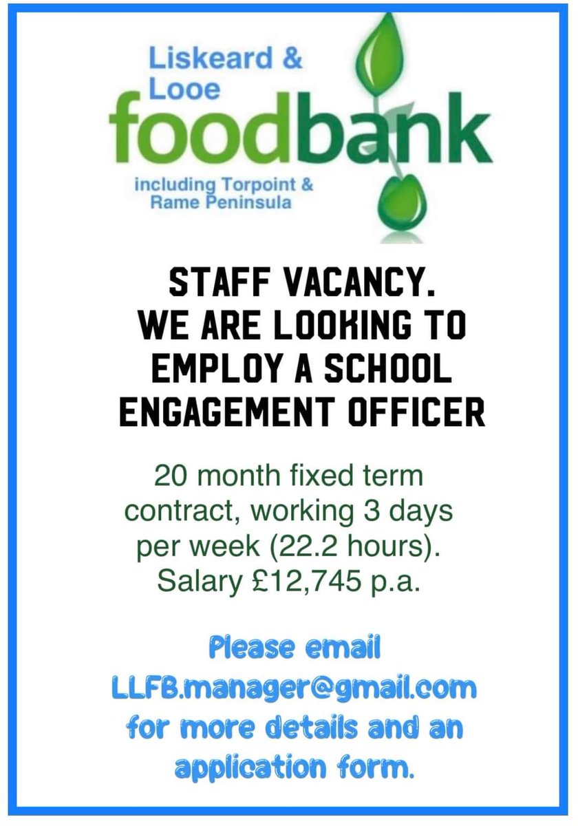 Closing date for all applications is Sunday 30th April. For more information and/or an application form, please email llfb.manager@gmail.com
<a href="/JCPinCornwall/">JCP in Cornwall</a> #wearehiring #careers #jobvacancy #job #cornwalljobs #liskeard #looe #torpoint #foodbank
