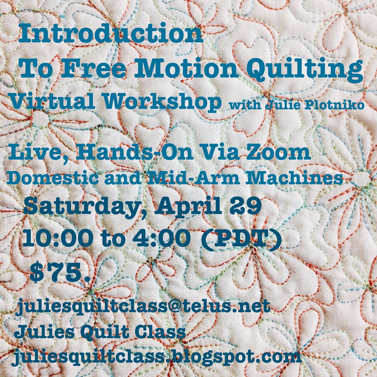 JuliePlotniko's tweet photo. New Date, Now Registering 
Introduction To Free Motion Quilting - Virtual Workshop
Beginners Class
Domestic or Mid-Arm machine.
Live, Hands-on Via Zoom
Register by eTransfer or PayPal at juliesquiltclass@telus.net
Pay by Visa or MasterCard 
https://t.co/oEi9aApkG0 https://t.co/7JP6S1PpJ6