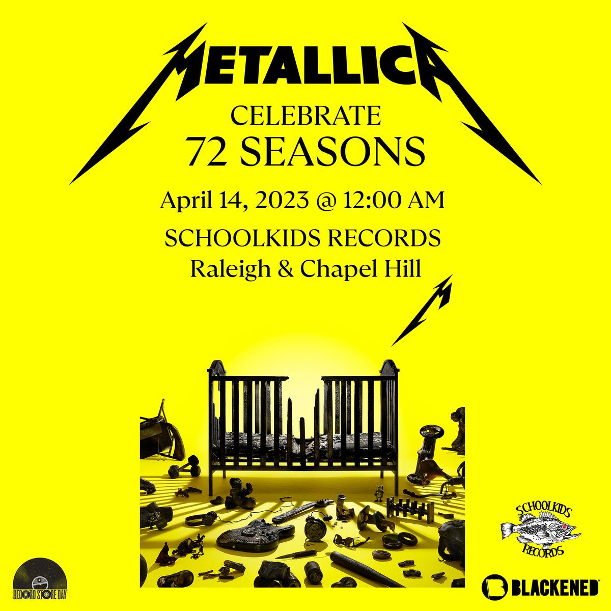 Schoolkids's tweet photo. Tonight at Midnight! Stop by and listen to the new album "72 Seasons" from @Metallica! We will have some cool swag to giveaway and the album for sale! https://t.co/r3ytBcW4F0
