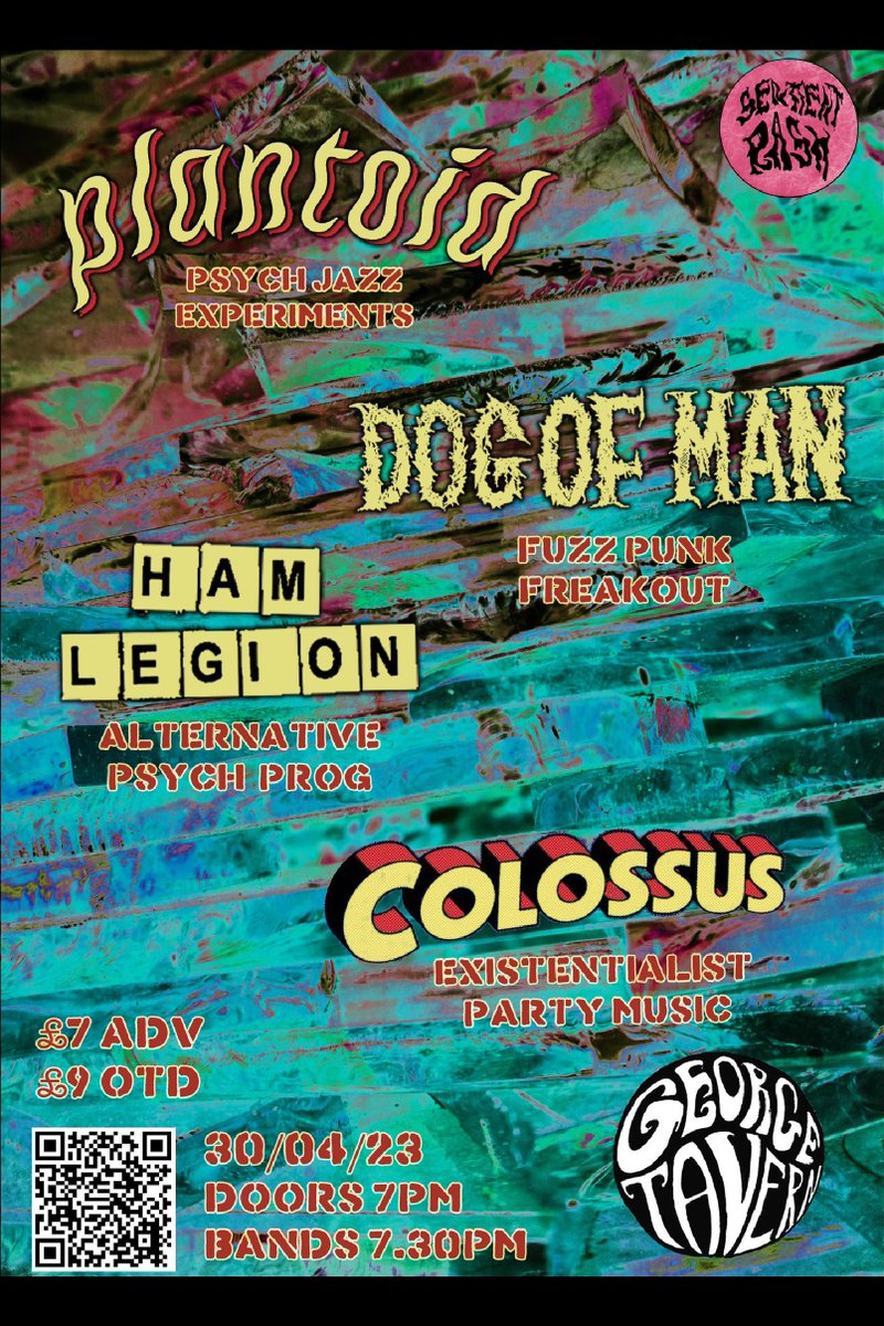 How many different genres can you come up with for weird rock? Only two weeks until this four way psych-punk-alt-jazz collision at the @GeorgeTavernE1 with @HamLegion, @thebandcolossus and Plantoid.