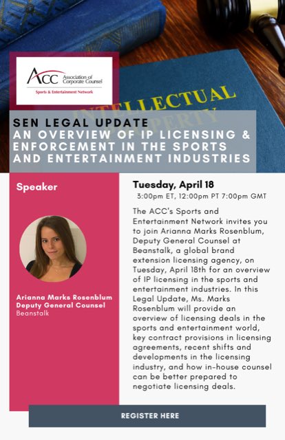 Hey Sports &amp; Entertainment Network! Join us on April 18 for our next Legal Update where we’ll be joined by Ariana Marks Rosenblum from Beanstalk to discuss an overview of IP licensing in the sports and entertainment world! Register below:

onlineed.acc.com/learn/course/i…