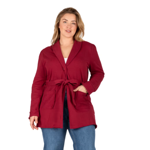 Today's Plus Size Shopping find. Dia & Co's Irene Shawl Collared Cardigan in a deep red with pockets and nice tailored touches - check out the shoulders! The belt accents your curves and it looks like a great blazer alternative for Spring! #spring2023fashion  #plussizestyle