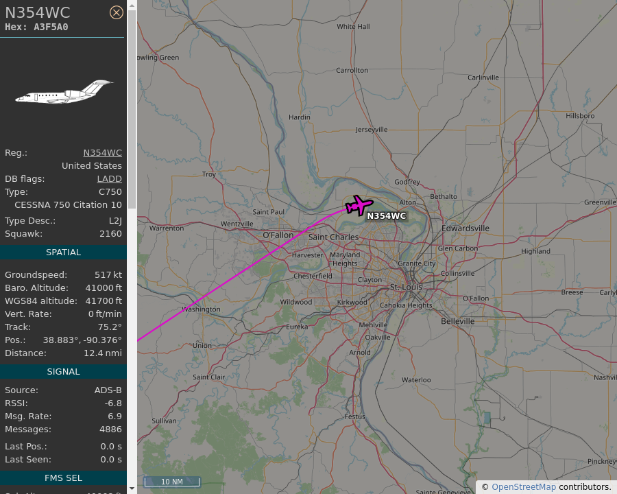 AboveStLouis's tweet image. 🇺🇸 N354WC - Cessna Citation X - Williams Companies Inc N354WC - 13.7 mi away @ 41700 ft, heading ENE at 595 mph. Spotted for first time! [06:05:11 PM CDT] #A3F5A0 #N354WC #C750 #N354WC  #STL #ADSB