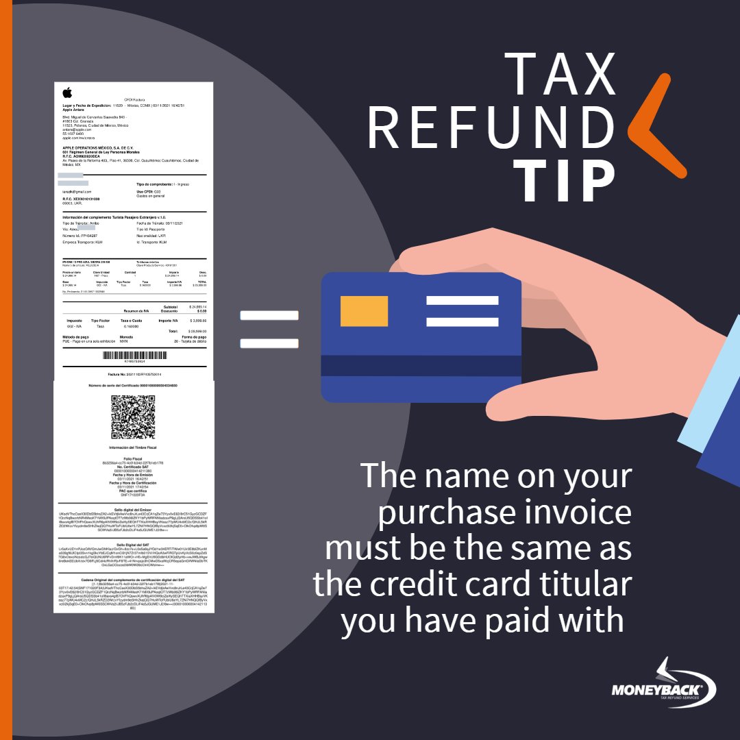 TAX REFUND TIP! Your purchases must be under the same name as who made the purchase. Start the process online at moneyback.mx

#MoneyBack #taxback #taxrefund #taxrefundprocess #taxbackmexico #méxico #travelmexico #shopandsave #shoppingtips #savingtips #ShopSmart