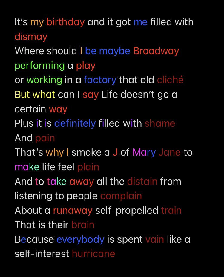 It’s my birthday and it got me filled with dismay 
Where should I be maybe Broadway performing a play 
or working in a factory that old cliché
But what can I say Life doesn’t go a certain way
Plus it is definitely filled with shame
And pain 
That’s why I smoke a J of Mary Jane