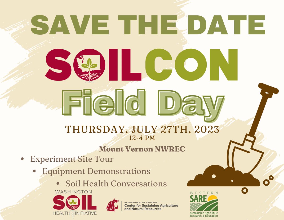 Center for Sustaining Ag & Natural Resources (@wsucsanr) on Twitter photo Save the Date! @WSU_SoilHealth & CSANR, with support from <a href="/WesternSARE/">Western SARE</a>, will be hosting SoilCon Field Day on Thursday, July 27th at <a href="/WSU_NWREC/">WSU Mount Vernon</a>. Come learn about practical skills, experiments, & equipment used in promoting soil health practices. Save the Date! @WSU_SoilHealth & CSANR, with support from <a href="/WesternSARE/">Western SARE</a>, will be hosting SoilCon Field Day on Thursday, July 27th at <a href="/WSU_NWREC/">WSU Mount Vernon</a>. Come learn about practical skills, experiments, & equipment used in promoting soil health practices.
