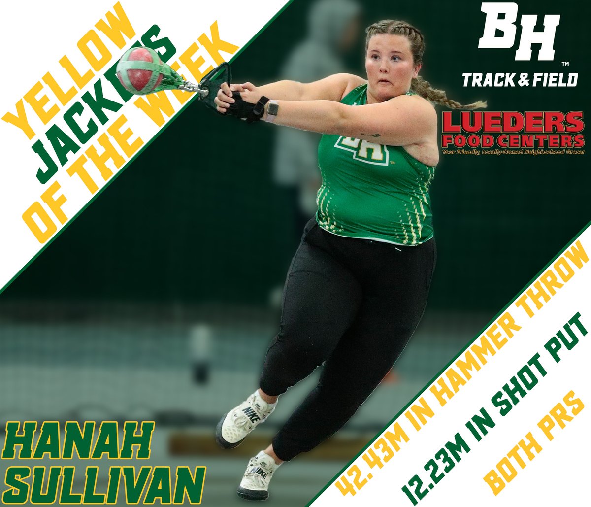 BHSUAthletics's tweet photo. Our Women's Yellow Jacket of the Week, presented by Lueders, is Hanah Sullivan!

Sullivan had an oustanding weekend in Vermillion last week as the freshman broke two personal bests in the hammer throw and the shot put!

#ClimbTheHills https://t.co/ipsgVhDY7c