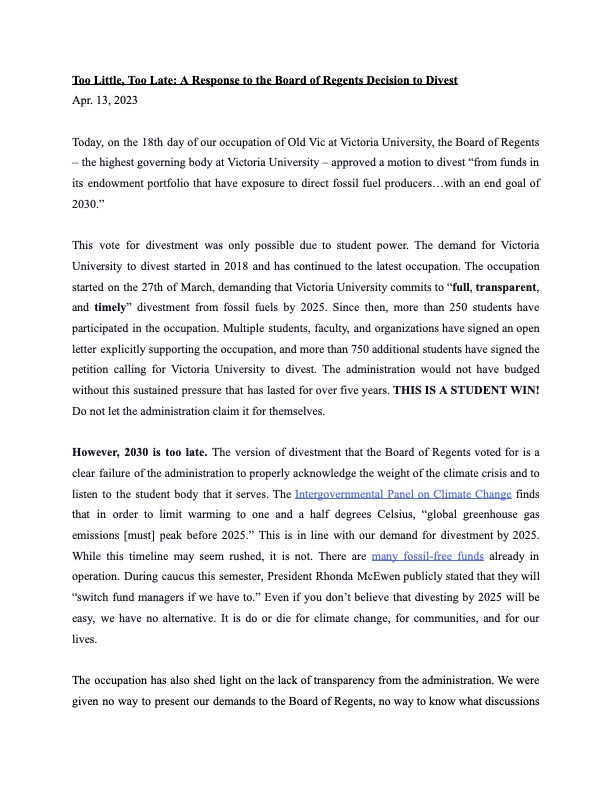 cjuoft's tweet photo. #BREAKING Today, on Day 18 of our occupation of Old Vic, @VicCollege_UofT approved divestment from fossil fuels by 2030. This vote for divestment was only possible due to student power. However, 2030 is too late. Read our statement ⬇️ https://t.co/ByEAkBsOXl