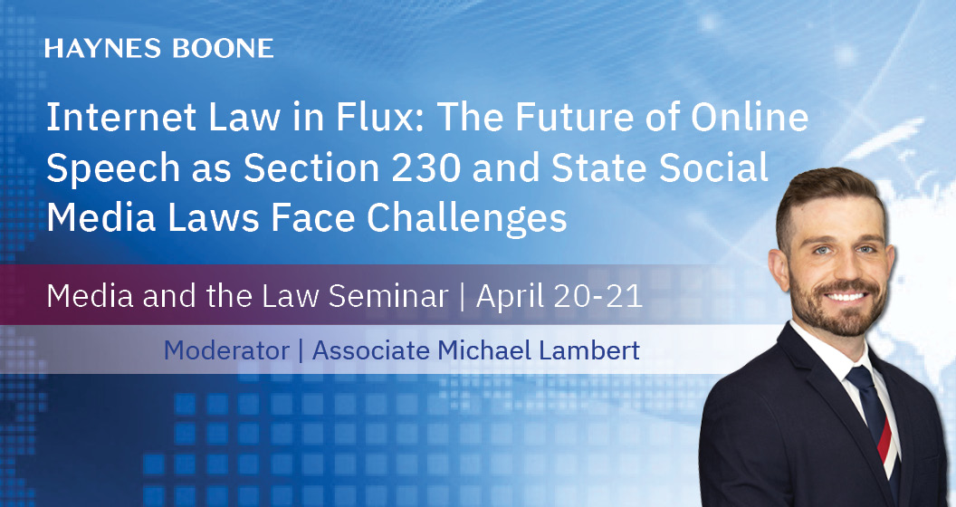 On April 21, I will be moderating a panel at the <a href="/kulawschool/">KU School of Law</a>'s Media and the Law Seminar (<a href="/KCMediaLaw/">KC Media Law Seminar</a>) on the future of internet and social media law, focusing on Section 230 and state laws regulating online speech. Registration is still available at lnkd.in/gYsyrf2K.