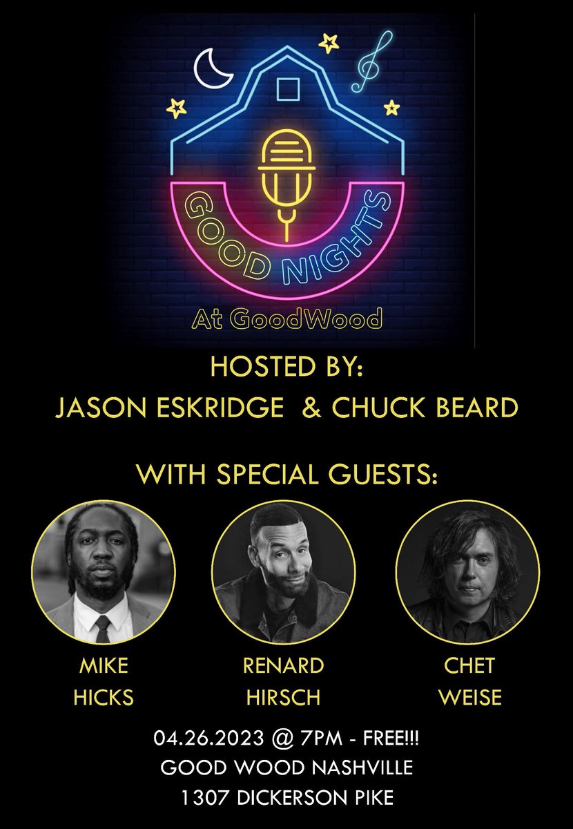 Hope to see you at the 2nd round of Good Nights at Good Wood on April 26, featuring @mikehicksmusic_, @chetweise, <a href="/SouthernWord/">Southern Word</a>, <a href="/SundayNightSoul/">Sunday Night Soul</a>, <a href="/goodwoodnash/">Good Wood Nashville</a>, &amp; Renard Hirsch.