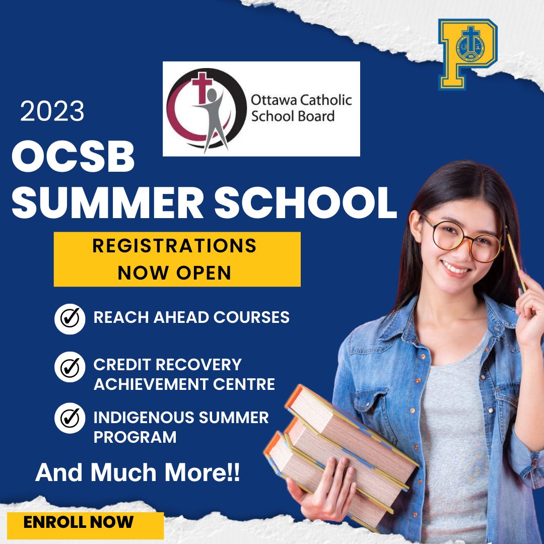 LBPearsonOCSB's tweet photo. The @OttCatholicSB  is now accepting registrations for Summer School. Their Reach Ahead courses are open to all learners from all school boards. The deadline to register is June 28, 2023. Visit https://t.co/mufvXUWJ9a for more information. https://t.co/Prm94q10Xk