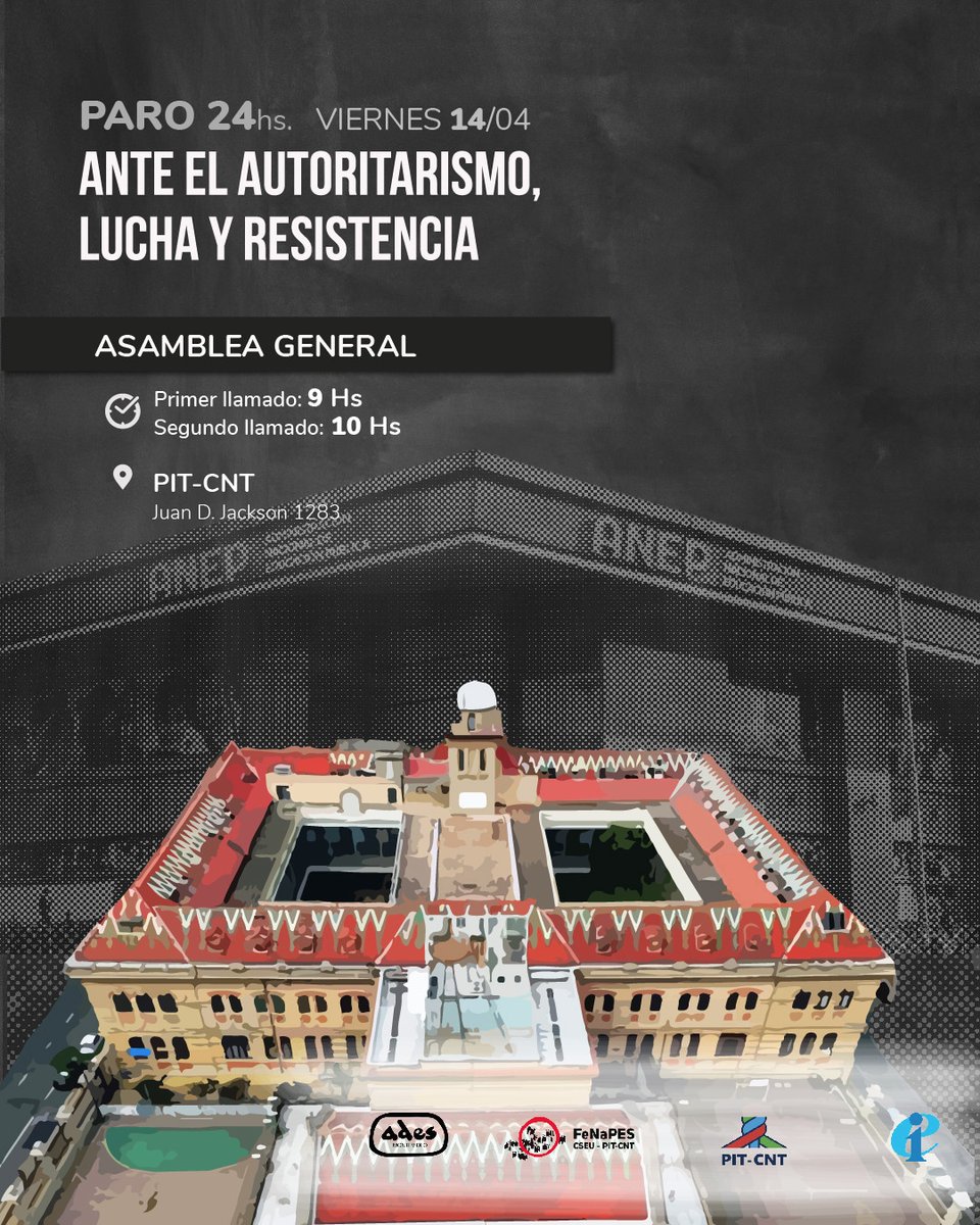 ADES_Montevideo's tweet photo. PARO 24HS viernes 14/04
ANTE EL AUTORITARISMO, LUCHA Y RESISTENCIA
.
¡Arriba los y las que luchan!
.
.
#adesmontevideo 
#fenapes 
#PITCNT 
#sineducaciónpúblicanohayfuturo 
#sindocentesnohayeducación 
#EnDefensaDeLaEducaciónPública https://t.co/JRl3xwrxc2