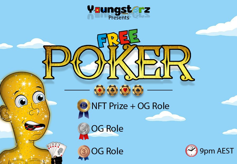 It's that time of week again! 
Come and play FREE poker with the Youngsterz crew 😎

1st prize will win an <a href="/ape16z/">XXX</a> NFT by @FatCatsCapital! 

All placements will receive the illusive Original Recipe Role (OG) which is not to be slept on! 

Register now: pokernow.club/mtt/youngsterz…