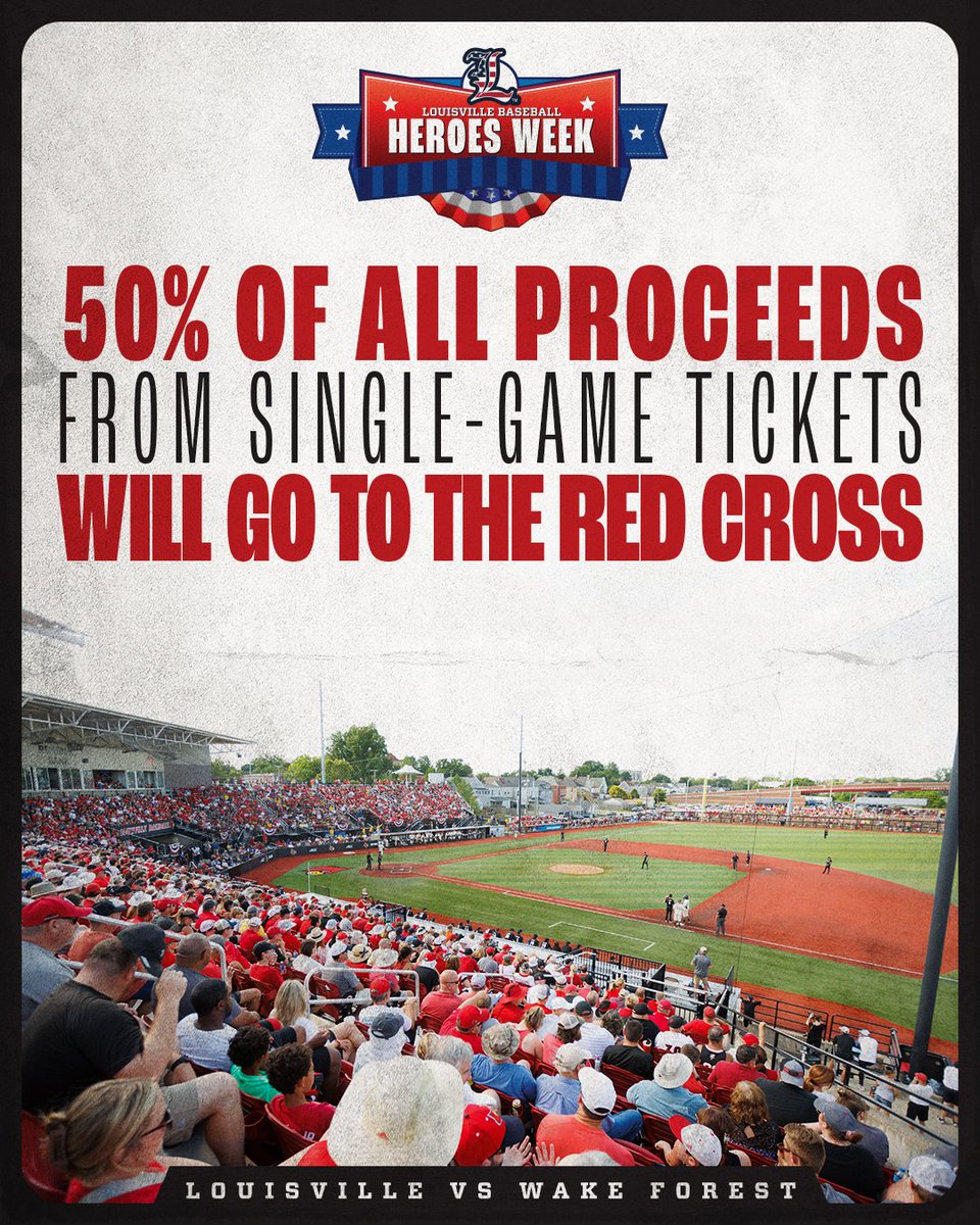 GoCards's tweet photo. Heroes Week

As @LouisvilleBSB takes on Wake Forest this weekend, 50% of all proceeds from single-game ticket sales using this link, https://t.co/A88uQNRZpi, will be donated to the Louisville Chapter of the American Red Cross.

Purchase now: https://t.co/A88uQNRZpi

#GoCards https://t.co/cSbXwjH2SP